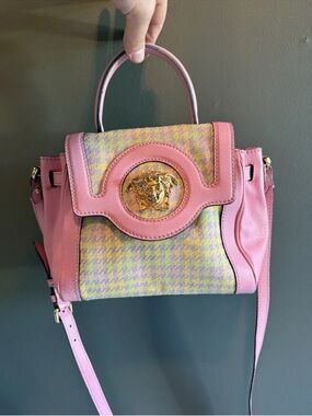 Versace Pink Leather and Pastel Tweed Top-Handle Satchel with Gold Medallion